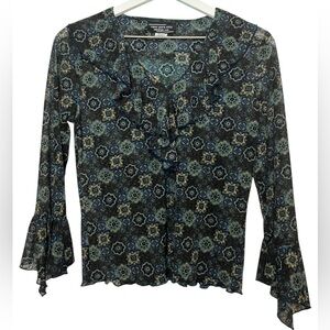 Y2K Mesh Bell Sleeve Top S Dark Floral Print Hippie Fairy Grunge Boho
